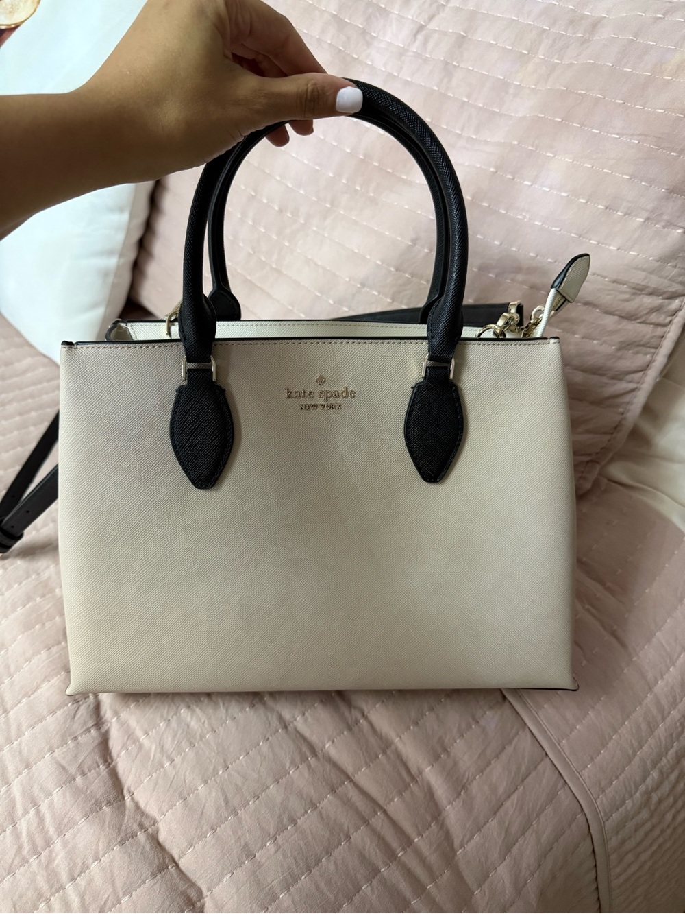 kate spade Cream and Black Satchel with Gold Hardware